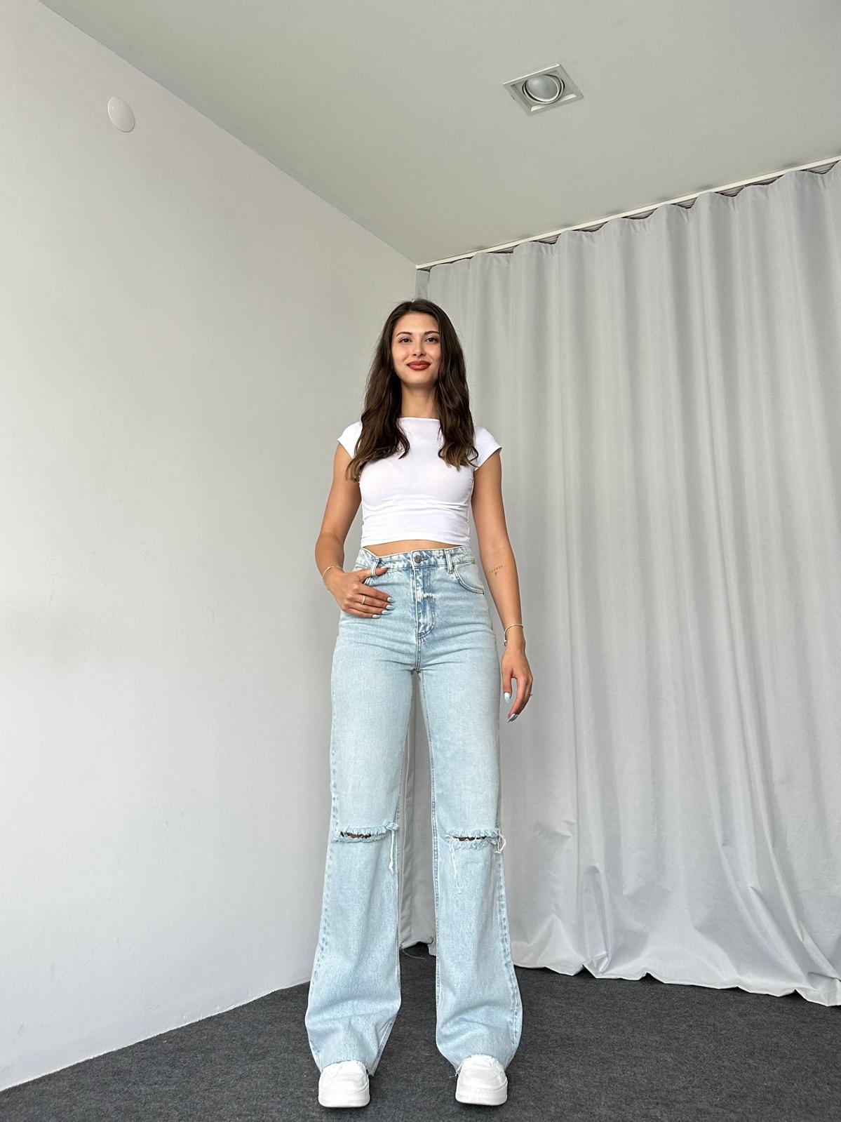 Distressed Light Blue Wide Leg Jean - Görsel 3