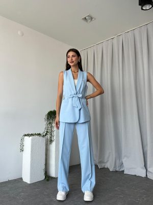 Kadın Leila Bebek Mavisi Yelek Pantolon Takım