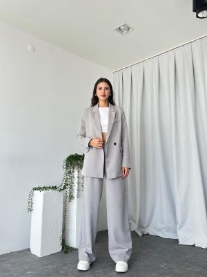Kadın Gri Oversize Ceket Pantolon Takım