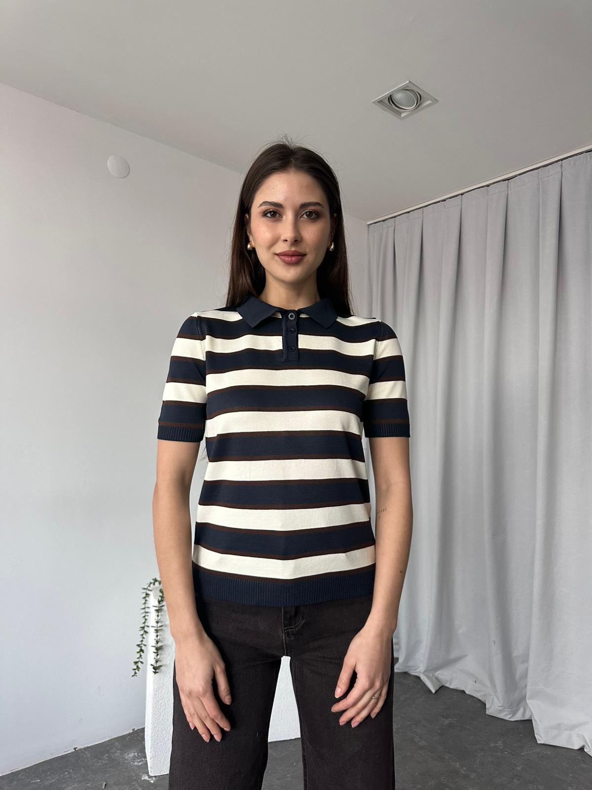 Lacivert Çizgili Triko Bluz - Görsel 7