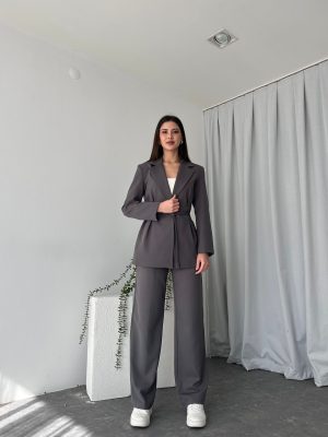 Kadın Gri Kemerli Ceket-Pantolon Takım