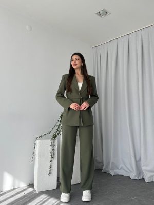 Kadın Haki Kemerli Ceket-Pantolon Takım