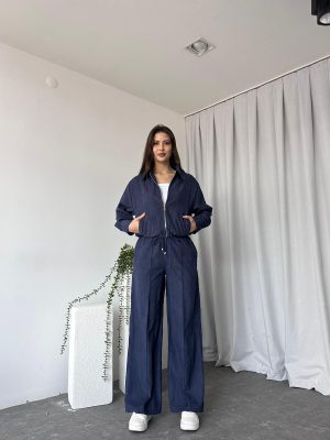 Kadın Lacivert Nubuk Fermuarlı Ceket-Pantolon