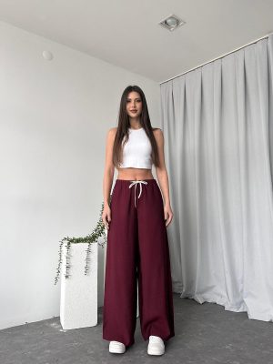 Kadın Bordo Keten Pantolon