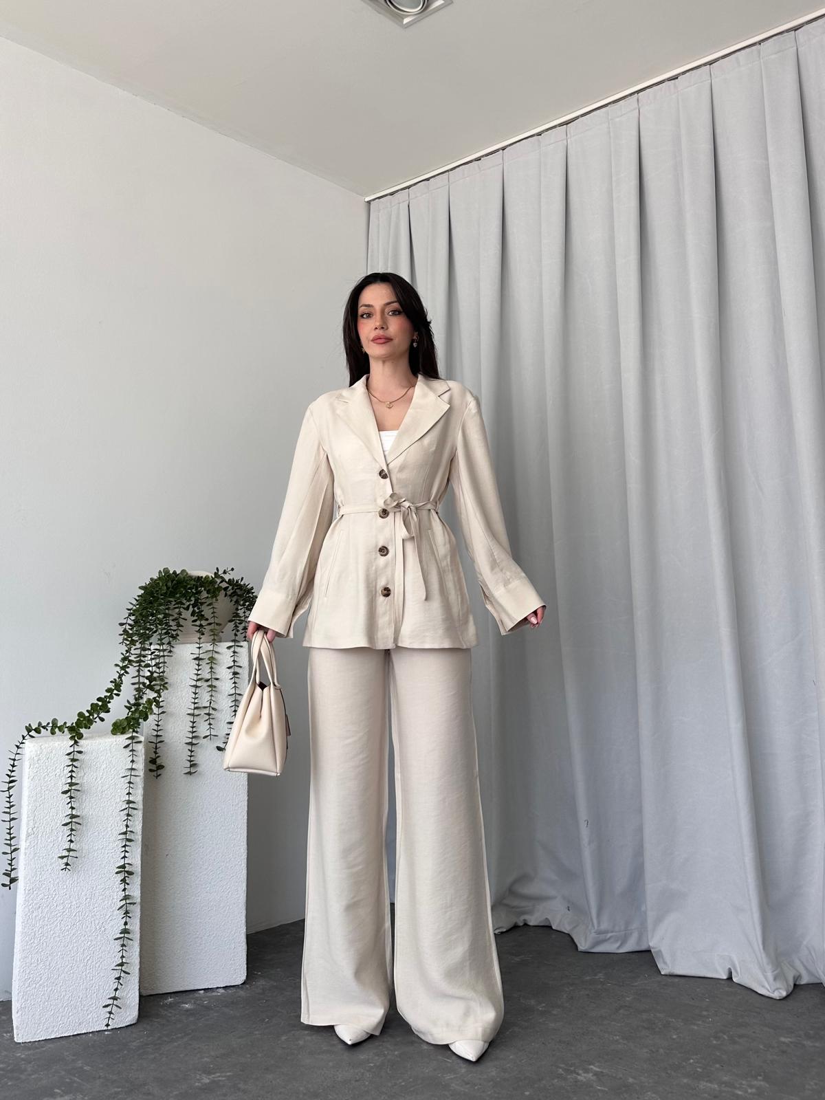 Tensel Kumaş Taş Rengi Ceket-Pantolon Takım - Görsel 11