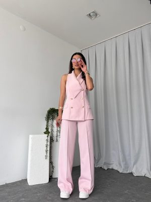 Kadın Kruvaze Yaka Pembe Yelek-Pantolon Takım