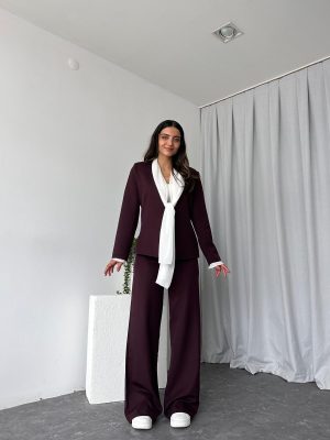 Kadın Mürdüm Fular Detaylı Ceket-Pantolon Takım